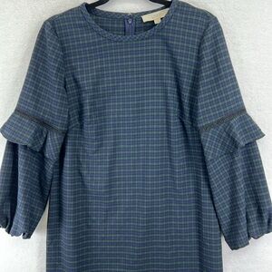 Loft Dress Women’s Size 6 Blue/Green Plaid Fun Sleeve Detail Poly/Rayon/Spandex